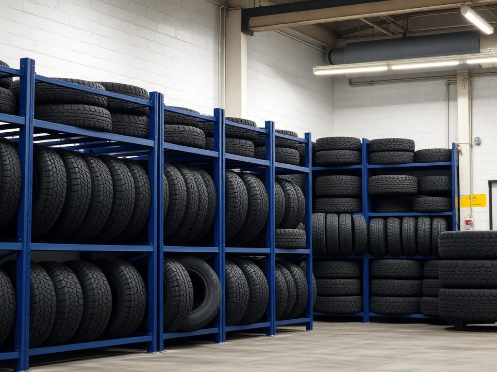 Tyre shop fit-out with rows of steel tyre stillages loaded with tyres