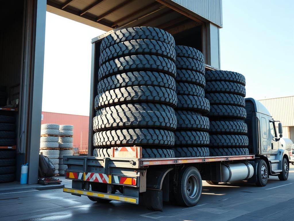 Outgoing shipment of stacked steel tyre stillages loaded onto a truck