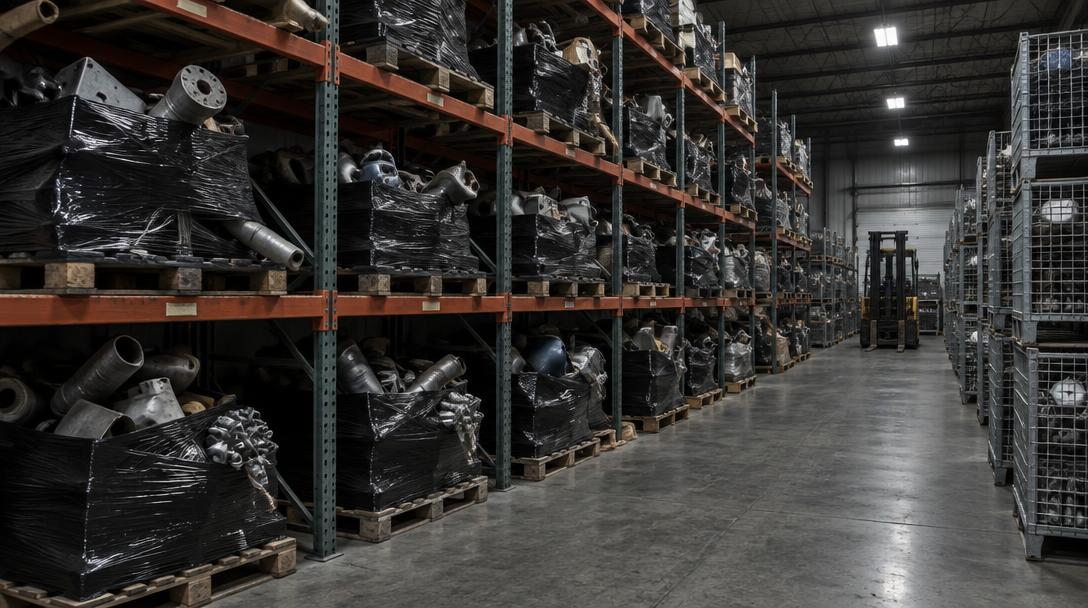 Open pallet racking loaded with pallets of odd-shaped parts wrapped in black plastic stretch wrap