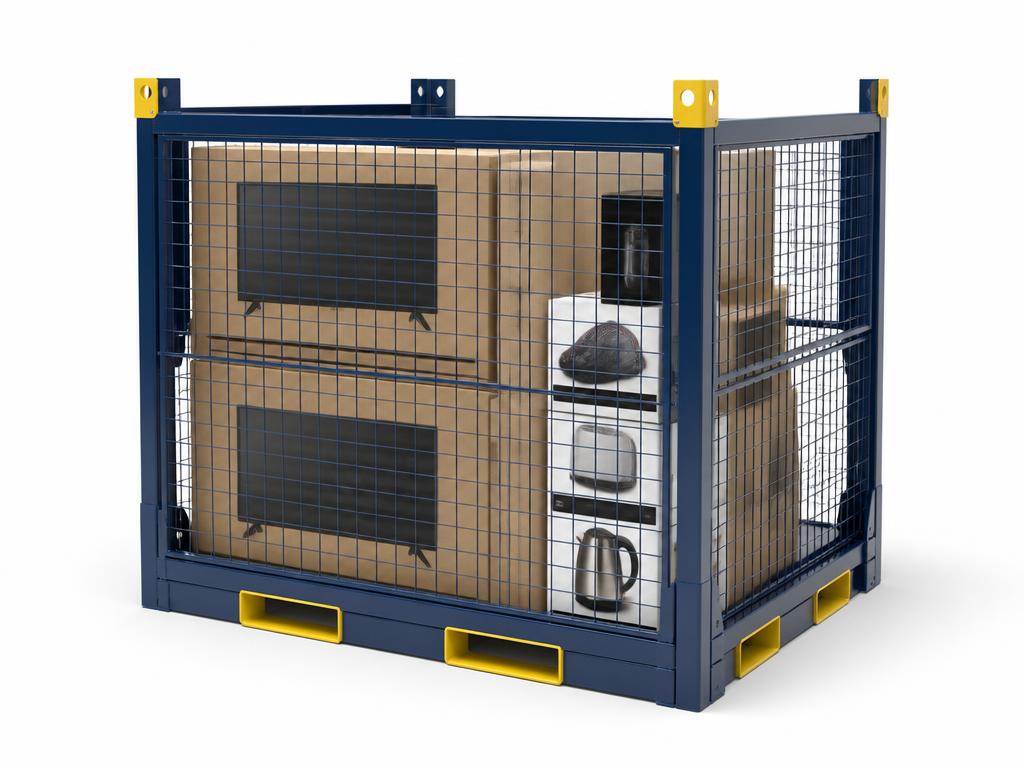 Dark blue steel mesh stillage loaded with stacked cardboard boxes of flat-panel televisions and appliances