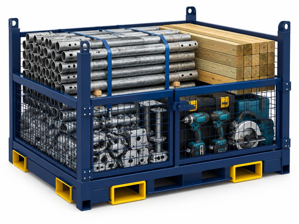 Dark blue steel stillage cage loaded with scaffold tubes, timber, fittings and power tools