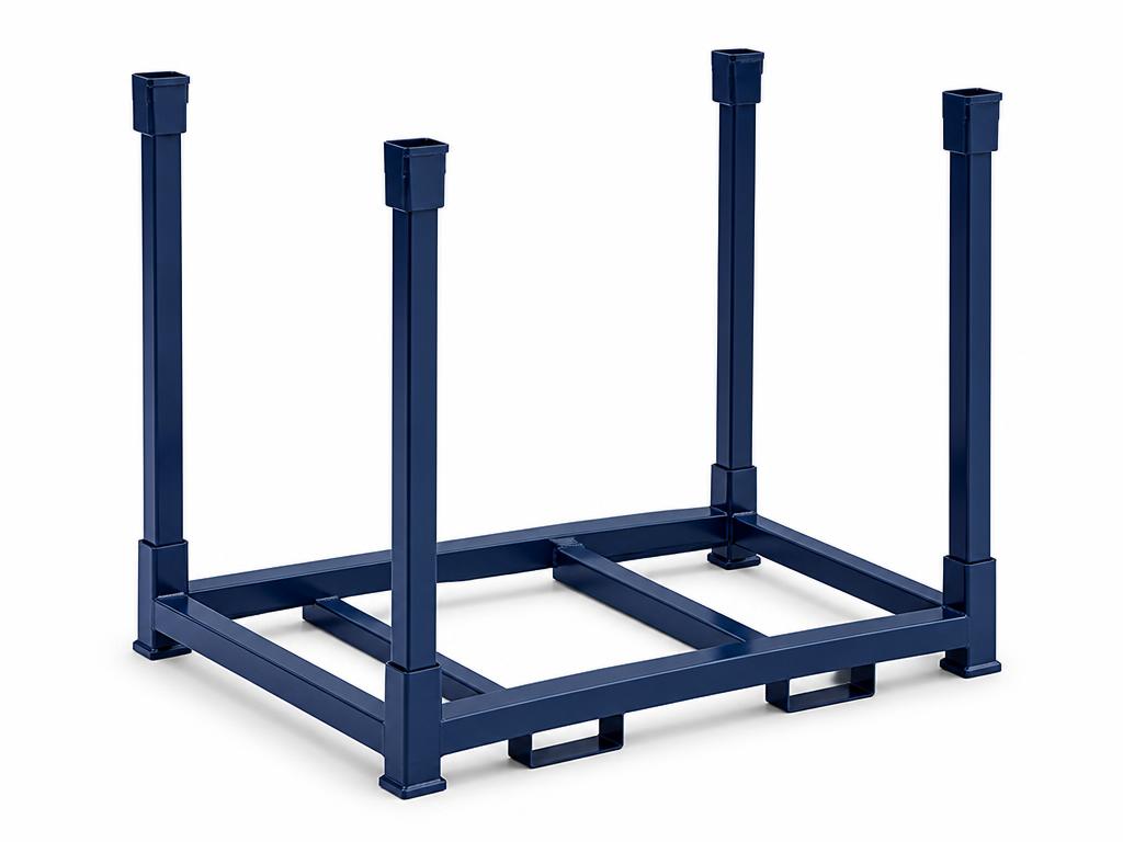 Single dark blue foldable steel car tyre rack on a white studio background