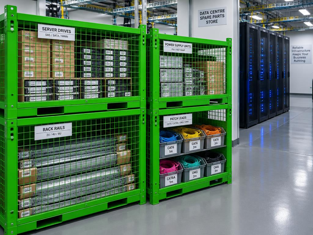 Green steel mesh stillage cages in a data centre spare parts store holding server drives, power supply units, rack rails and patch leads