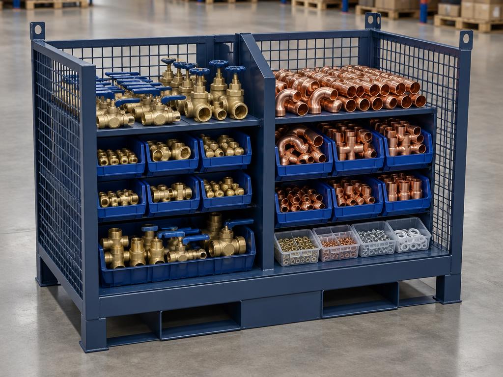 Dark navy steel mesh pallet cage with centre divider holding organised plumbing fittings and brass valves