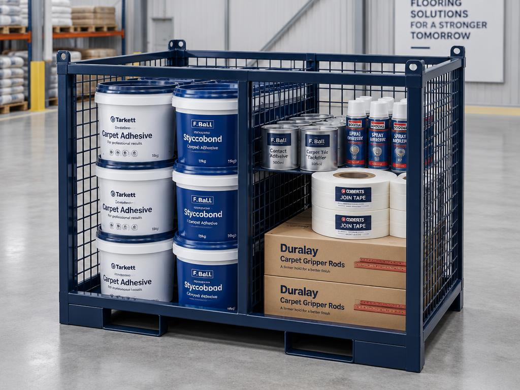 Dark navy steel mesh cage with centre divider loaded with carpet glue buckets, adhesive tins, spray cans, join tape and gripper rods