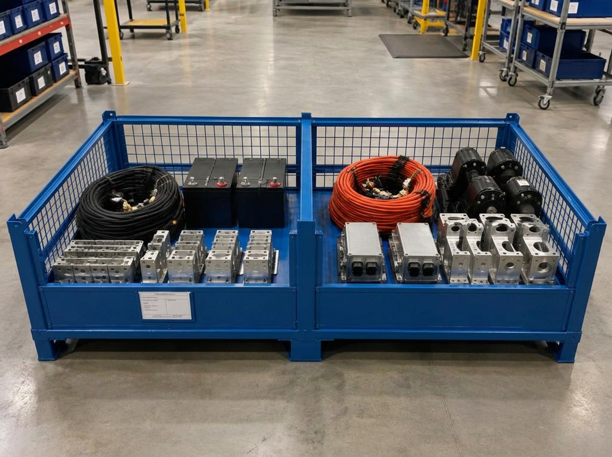 Two half-cages side by side holding neatly organised parts for two separate jobs in the same floor space a single pallet would occupy
