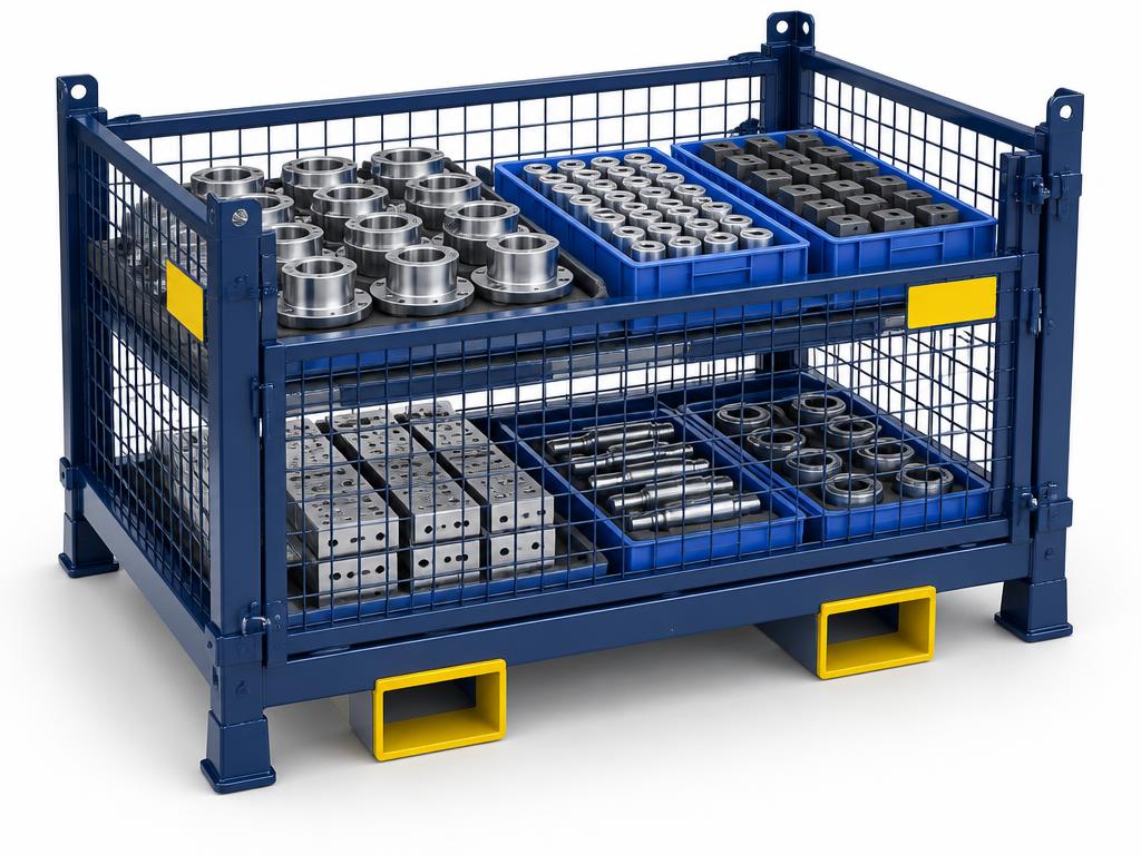 Dark blue steel stillage cage kitted with machined components and tooling trays ready for production