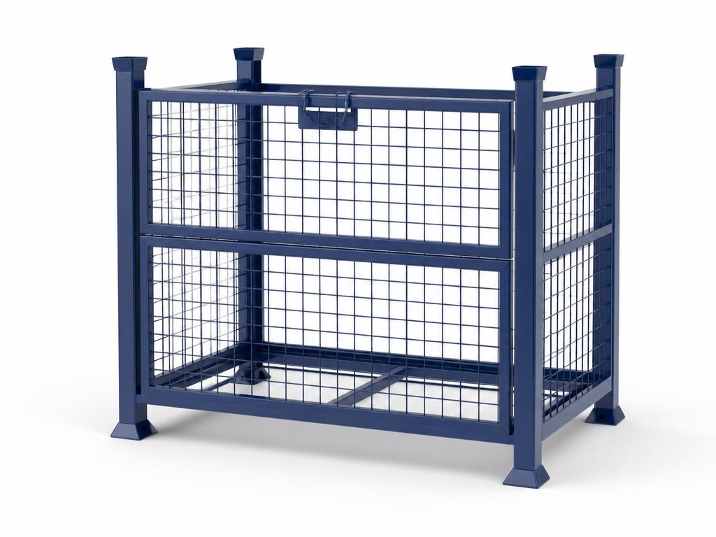 Blue powder-coated steel mesh pallet cage on a white studio background