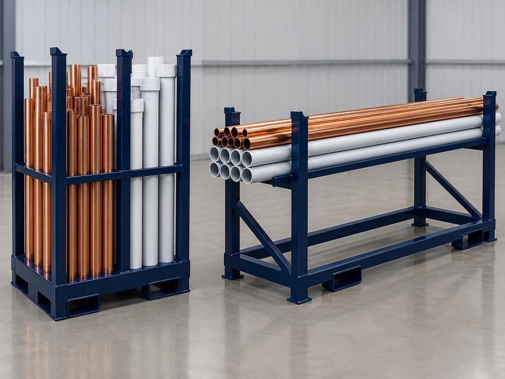 Two steel stillages side by side: short pipe stored vertical in upright posts, long pipe stored horizontal across the frame