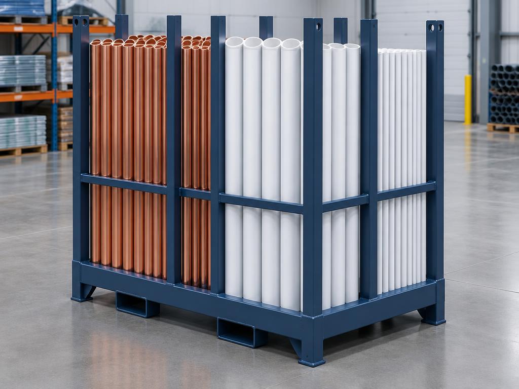 Dark navy steel stillage holding a neat upright bundle of copper and PVC plumbing pipes
