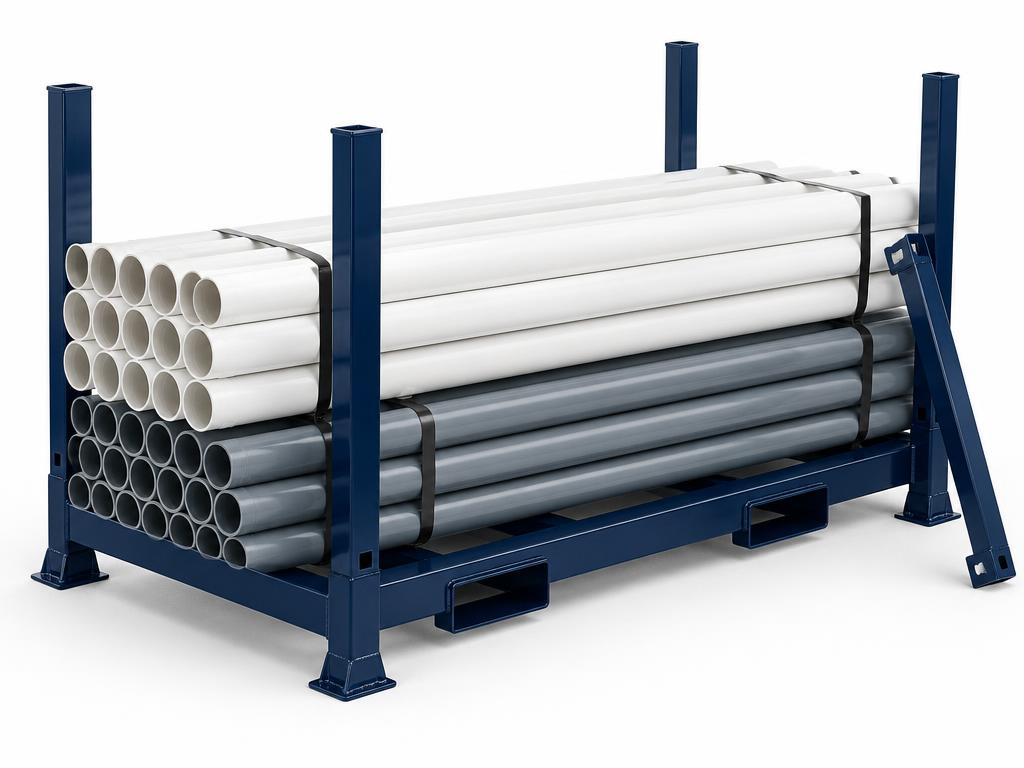 Dark navy steel post and pipe stillage with upright corner posts and a removable front rail, loaded with long PVC stormwater pipes