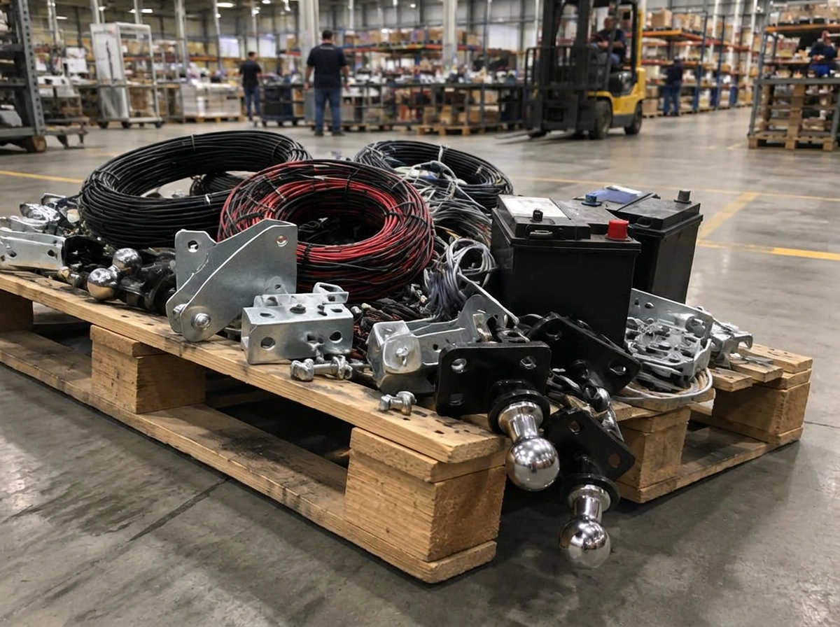 Loose parts for one tray build — wiring cable, secondary batteries, brackets and tow balls — balanced unstably on a single pallet on a manufacturing floor