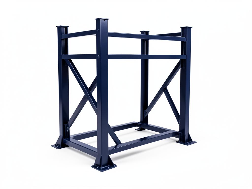 Dark blue powder-coated steel truck tyre stillage rack on a white studio background