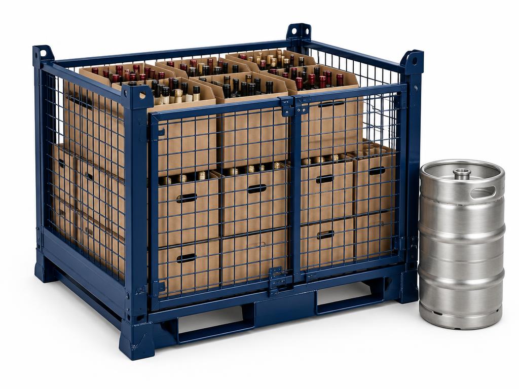 Dark navy foldable steel pallet cage loaded with cased wine cartons and bottles, with a stainless steel keg alongside